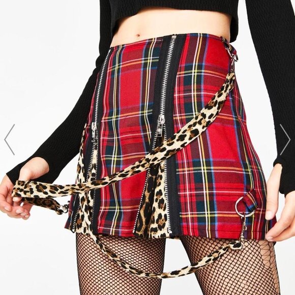Dollskill Current mood plaid/leopard print skirt - Picture 1 of 6